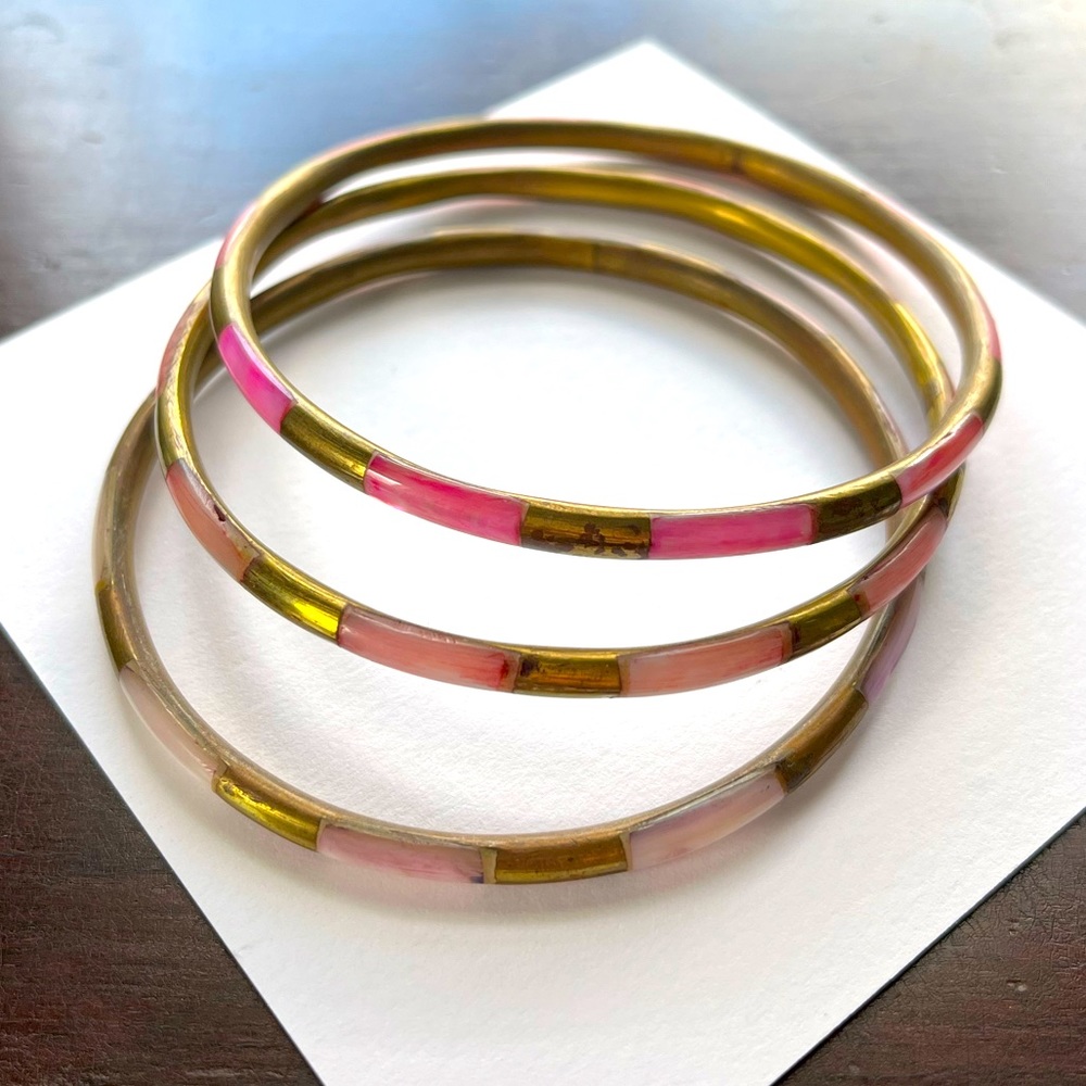 Pink and Gold Set of Striped Bangle Bracelets